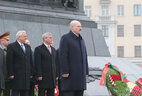During the ceremony of laying wreaths at the Victory Monument in Minsk