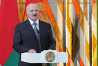President of Belarus Alexander Lukashenko delivers a speech at the opening ceremony of the new building of the Great Patriotic War Museum in Minsk