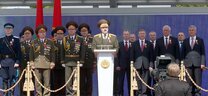 Belarus President Alexander Lukashenko delivers a speech at the army parade in Minsk, 9 May 2015