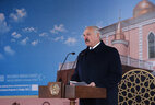 Belarus President Alexander Lukashenko delivers remarks at the ceremony to open the Cathedral Mosque in Minsk