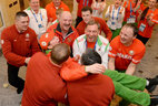 Among those who gathered to congratulate the Olympic gold medalist were Belarusian fans and members of the Belarusian national team