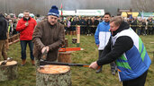 Александр Лукашенко показывает, как с помощью топора и кувалды рубить дрова