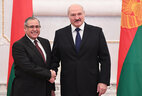 Belarus President Alexander Lukashenko and Ambassador Extraordinary and Plenipotentiary of Egypt to Belarus Ihab Ahmed Talaat Nasr