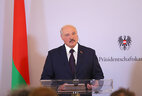 Belarus President Aleksandr Lukashenko during the meeting with mass media representatives after the talks in Vienna