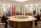 Belarusian President Alexander Lukashenko, Kazakh President Nursultan Nazarbayev and Russian President Vladimir Putin during the meeting of the Supreme Eurasian Economic Council