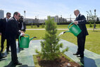Aleksandr Lukashenko and Abdel Fattah el-Sisi plant a tree on the Alley of Distinguished Guests near the Palace of Independence