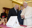 Belarus President Alexander Lukashenko and Pope Francis exchange presents