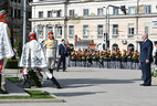 Belarus President Alexander Lukashenko lays a wreath at the Stephen the Great Monument in Chisinau