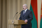 Alexander Lukashenko delivers a speech at the meeting with high-ranking officers of law enforcement agencies and students of the Interior Forces Department of the Military Academy