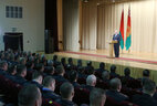 Alexander Lukashenko delivers a speech at the meeting with high-ranking officers of law enforcement agencies and students of the Interior Forces Department of the Military Academy