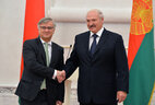 Belarus President Alexander Lukashenko and Ambassador Extraordinary and Plenipotentiary of Spain to Belarus with concurrent accreditation Ignacio Ybanez Rubio