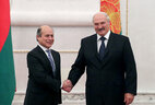 Belarus President Alexander Lukashenko and Ambassador Extraordinary and Plenipotentiary of Peru to Belarus with concurrent accreditation Luis Benjamin Chimoy Arteaga