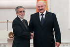 Belarus President Alexander Lukashenko and Ambassador Extraordinary and Plenipotentiary of Chile to Belarus with concurrent accreditation Rodrigo Jose Nieto Maturana