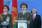 Alexander Lukashenko delivers a speech at the army parade held in Minsk on 3 July to mark the Independence Day and the 70th anniversary of Belarus’ liberation from the Nazi invasion