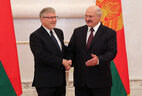 Belarus President Aleksandr Lukashenko and Ambassador Extraordinary and Plenipotentiary of Switzerland to Belarus Claude Altermatt