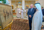 Belarus President Aleksandr Lukashenko presented the painting Horses by Belarusian artist Andrei Sitko to Sheikh Mohammed bin Rashid Al Maktoum