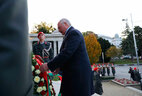 Belarus President Aleksandr Lukashenko lays a wreath at the Soviet War Memorial in Vienna