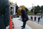 Belarus President Aleksandr Lukashenko lays a wreath at the Soviet War Memorial in Vienna