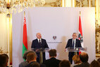 Belarus President Aleksandr Lukashenko and Federal President of Austria Alexander Van der Bellen meet with mass media representatives after the talks