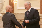 Alexander Lukashenko presents the diploma of the NASB academician to head of the steroid chemistry lab of the NASB Bioorganic Chemistry Institute Vladimir Khripach