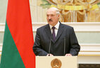 Belarus President Alexander Lukashenko delivers a speech at the Ceremony to congratulate graduates of higher military education institutions and top-ranking officers