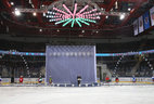 Belarus President Alexander Lukashenko delivers a speech at the opening ceremony of the 12th Christmas Amateur Ice Hockey Tournament