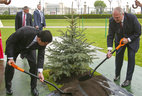 Alexander Lukashenko and Gurbanguly Berdimuhamedov plant a tree on the Alley of Distinguished Guests near the Palace of Independence