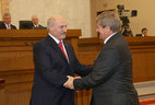 Nikolai Ivanchenko, Deputy Chairman o the Permanent Commission for Ecology, Natural Management, and Chernobyl Impact of the House of Representatives of the National Assembly of Belarus, is honored with the Medal for Excellent Labor
