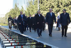 Belarus President Alexander Lukashenko lays a wreath at the memorial in Martyrs’ Lane in Baku