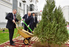 Belarus President Alexander Lukashenko plants a tree near the Belarusian embassy in Turkmenistan