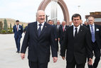 Belarus President Alexander Lukashenko lays a wreath at the Eternal Glory Monument in the Halk Hakydasy Memorial Complex (People's Memory) in Ashgabat