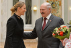 Belarus President Alexander Lukashenko gives the Order of Honor to Belarusian tennis player Victoria Azarenka