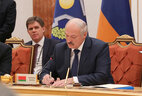 Belarus President Alexander Lukashenko during a ceremony to sign the documents following the CSTO Summit
