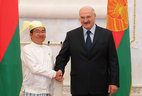 Belarus President Alexander Lukashenko and Ambassador Extraordinary and Plenipotentiary of Myanmar to Belarus Ko Ko Shein