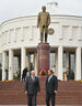 Belarus President Alexander Lukashenko and Uzbekistan Prime Minister Abdulla Aripov near the monument to Uzbekistan’s first president Islam Karimov