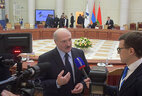 Belarus President Alexander Lukashenko talks to mass media representatives after the summit