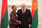 Belarus President Aleksandr Lukashenko and Ambassador Extraordinary and Plenipotentiary of Ghana to Belarus Lesley Akyaa Opoku Ware