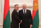 Belarus President Aleksandr Lukashenko and Ambassador Extraordinary and Plenipotentiary of Montenegro to Belarus Ramiz Basic