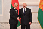 Belarus President Aleksandr Lukashenko and Ambassador Extraordinary and Plenipotentiary of the Republic of Malta to Belarus John Paul Grech