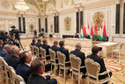 Belarus President Aleksandr Lukashenko and Tajikistan President Emomali Rahmon during the meeting with mass media representatives after the talks