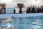 Aleksandr Lukashenko during the visit to the swimming pool in the Vetka Children's and Youth Sport School